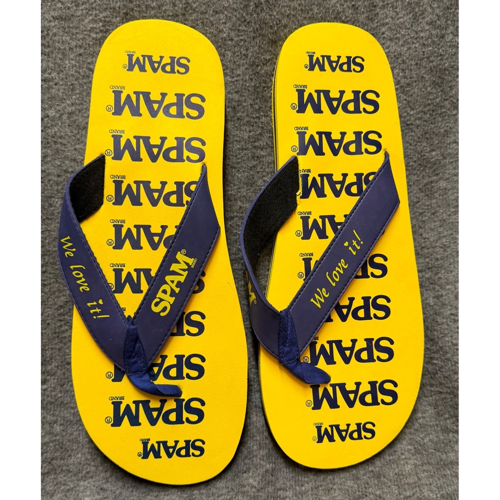 SPAM Brand Yellow Blue Flip Flops Sandals Novelty Beach Shoes We Love It Logo XL